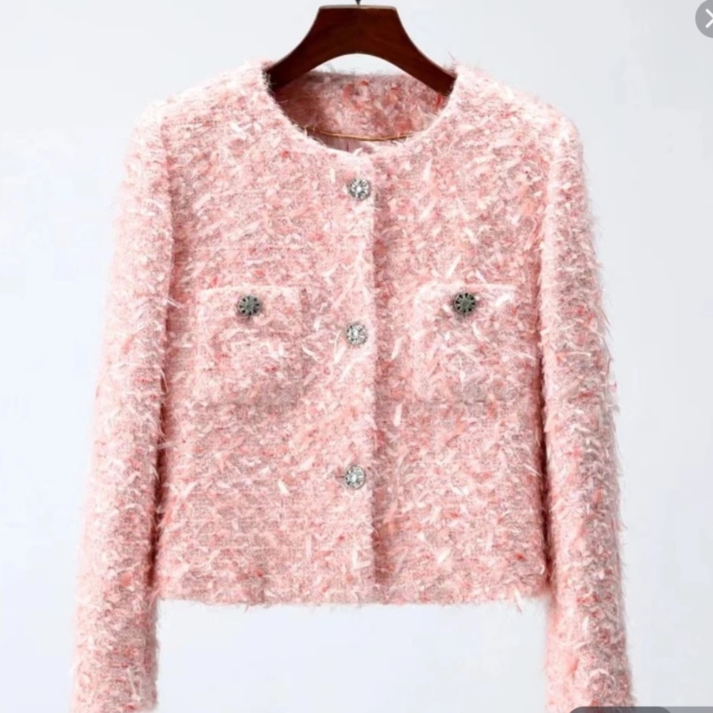 Pink Textured Bouclé Cropped Blazer